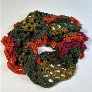 Vintage‎ Handknit Scarf Green Orange Pink Cozy Boho Cottagecore